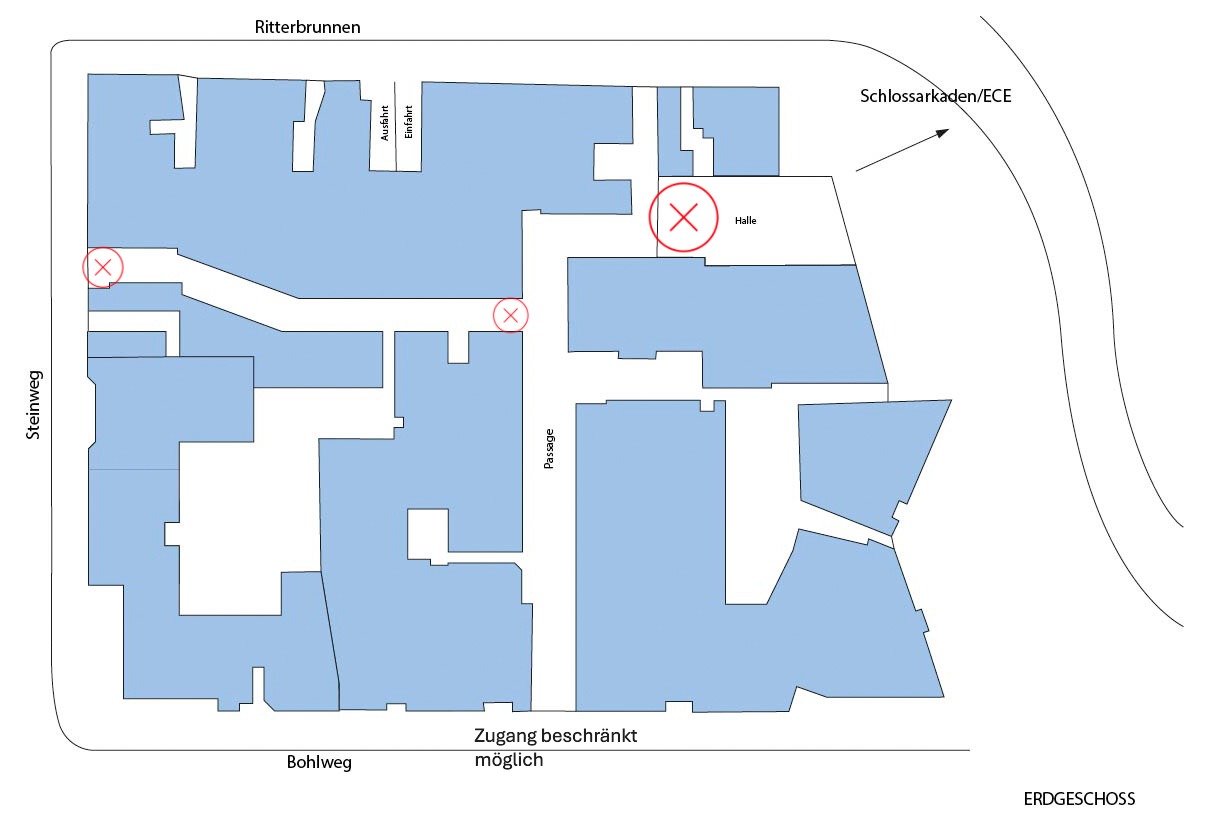 Grundriss des Schlosscarrees mit markierten Eingängen: Steinweg geschlossen, Bohlweg eingeschränkt, Zugang an Passage teilweise möglich.